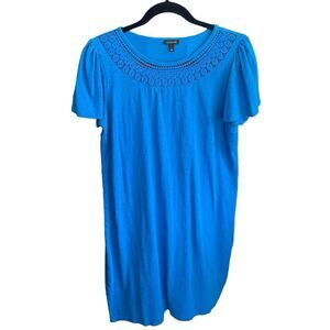 T by Talbots Blue Cotton Flutter Sleeve Crochet Neckline T-Shirt Dress Women's L